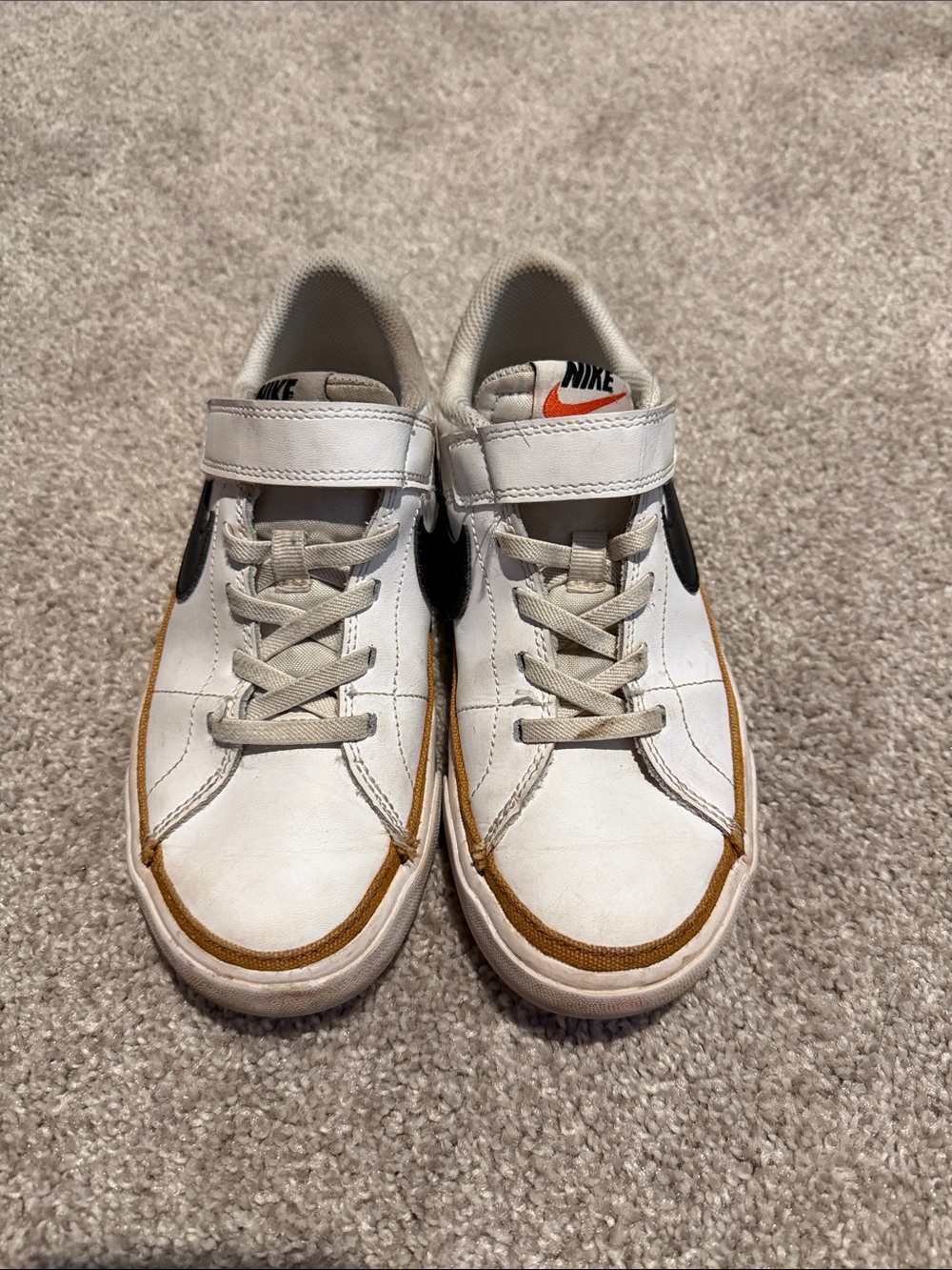 Nike Kids Court Legacy White Sneakers with Black Swoosh and Brown Trim